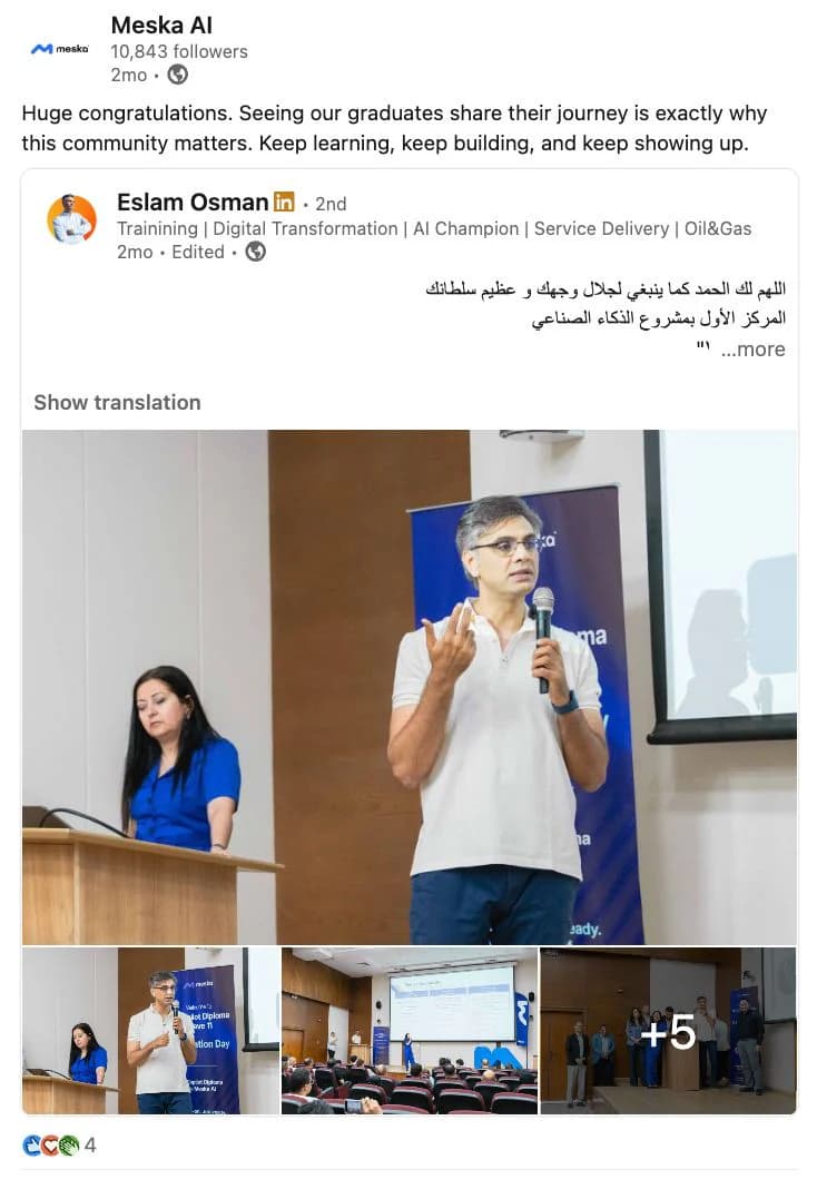 Meska AI post celebrating AI Copilot Diploma graduate Eslam Osman